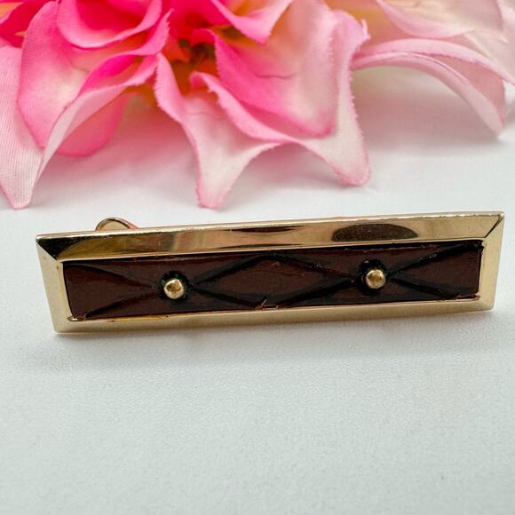 Vintage Hickok Quilted Leather Tie Clip Bar Rich Brown Gold Tone Classic Signed - Picture 2 of 10